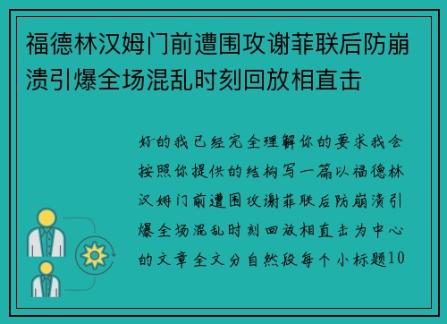福德林汉姆门前遭围攻谢菲联后防崩溃引爆全场混乱时刻回放相直击